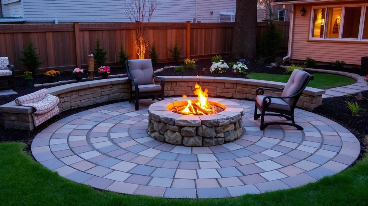 Circular paver patio with stone fire pit