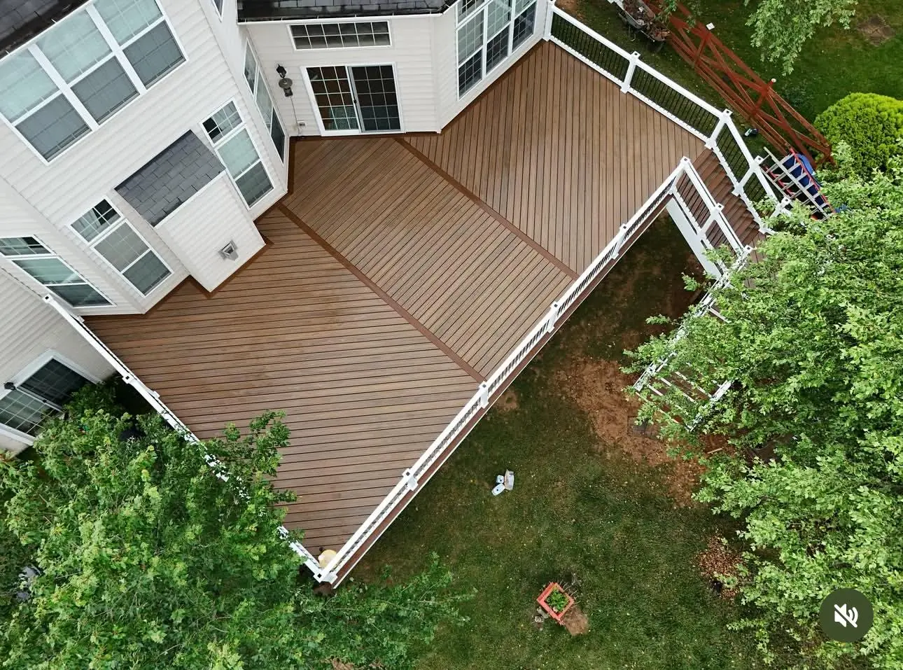 Aerial view of a large composite deck built by ProDecks